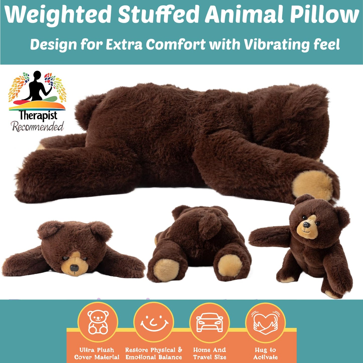 Lunapuer Bear Sensory Weighted Vibrating Pillow, Pressure Activated for Kids Adults, Plush Minky Soft Size: 11 by 20 inches Pillow Animal, Calming Therapy for Focus and Balance for Gift Birthday