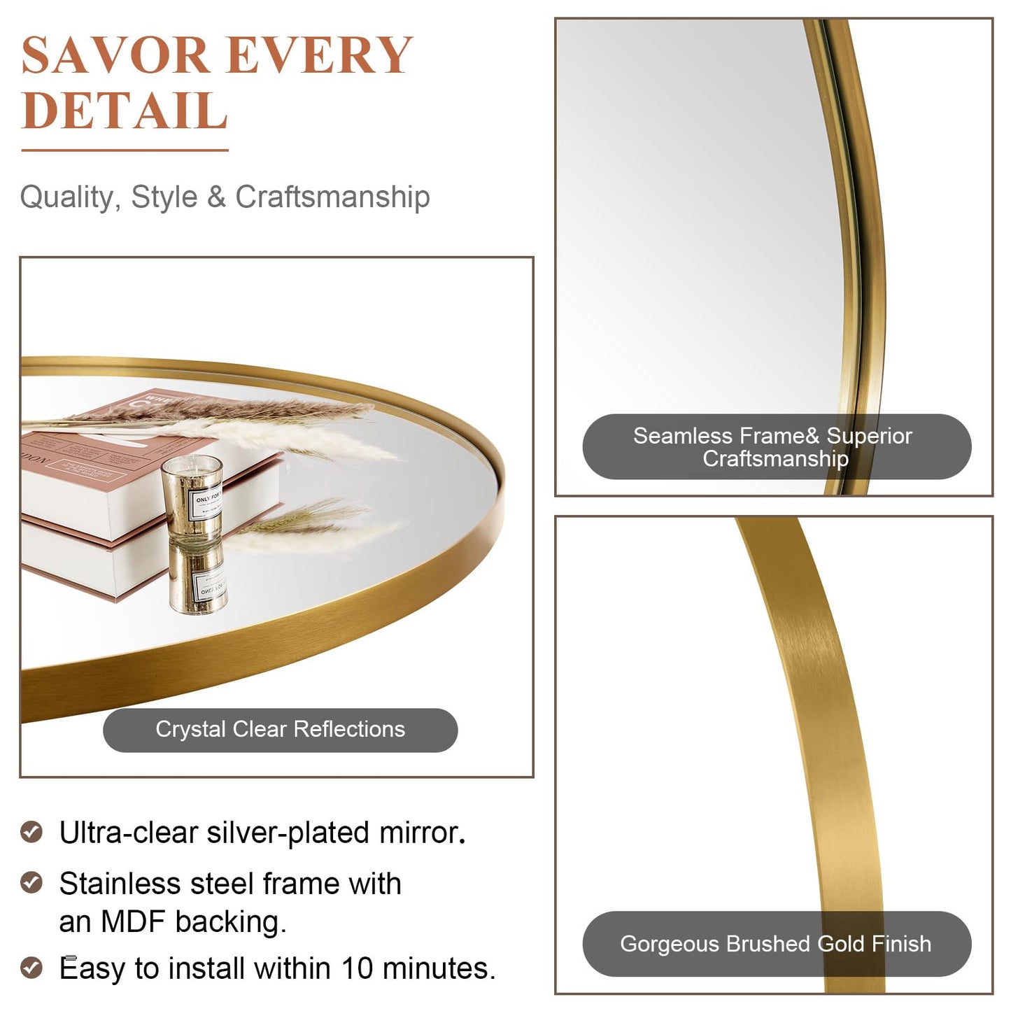 ANDY STAR Gold Oval Mirrors for Bathroom, 22x30 Inch Brushed Gold Stainless Steel Metal Framed Oval Wall Mirror, Modern Vanity Mirror Wall Mount Horizontal or Vertical