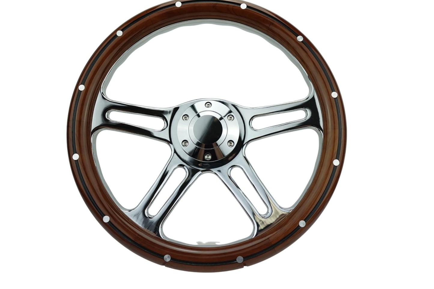 350mm 14" Inch Classic Nostalgia Style Wood Grain Steering Wheel Slotted 4 Spoke Chrome Steering Wheel Mohagany Wood Grip