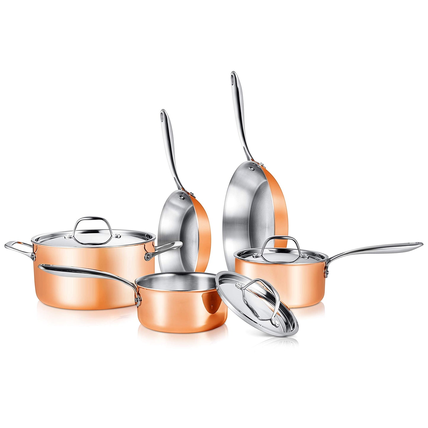 NutriChef 8 Pcs. Stainless Steel Cookware Set - Kitchenware Pots & Pans Set Stylish Kitchen Cookware w/Cast SS Handle, Tri-Ply Authentic Copper, for Saucepan, Casserole, Frying Pan, Lids - NCCW8SS