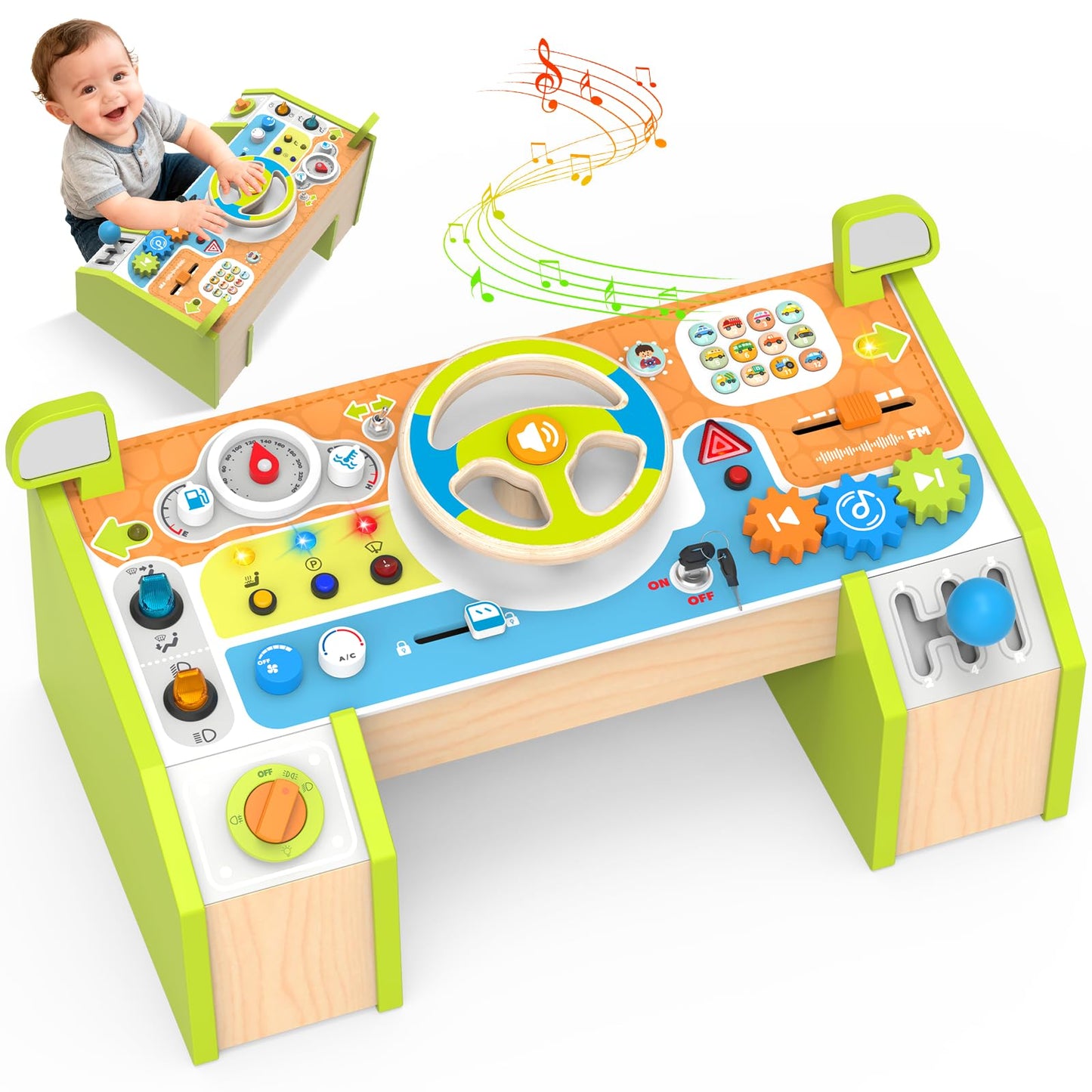 Yuyctwg Montessori Busy Board Car Steering Wheel Toy for Toddlers 1-3, Wooden Sensory Activity Board with Light Sound, Educational Toys for Fine Motor Skills, Birthday Gift for Boys Girls