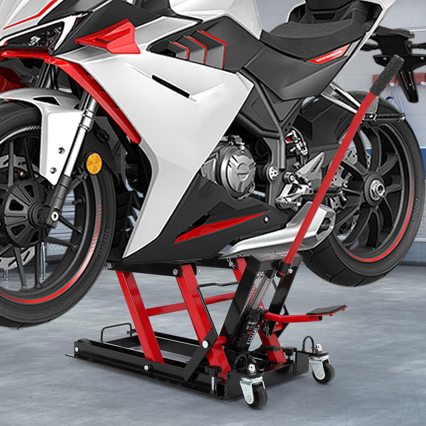 Hydraulic Motorcycle Lift Jack, 1500LB Capacity Scissor Jack for Dirt Bikes & ATVs, 4.7-14.57 Inch Lift Height, Non-Slip Platform & 360° Swivel Casters, Red Garage Lift