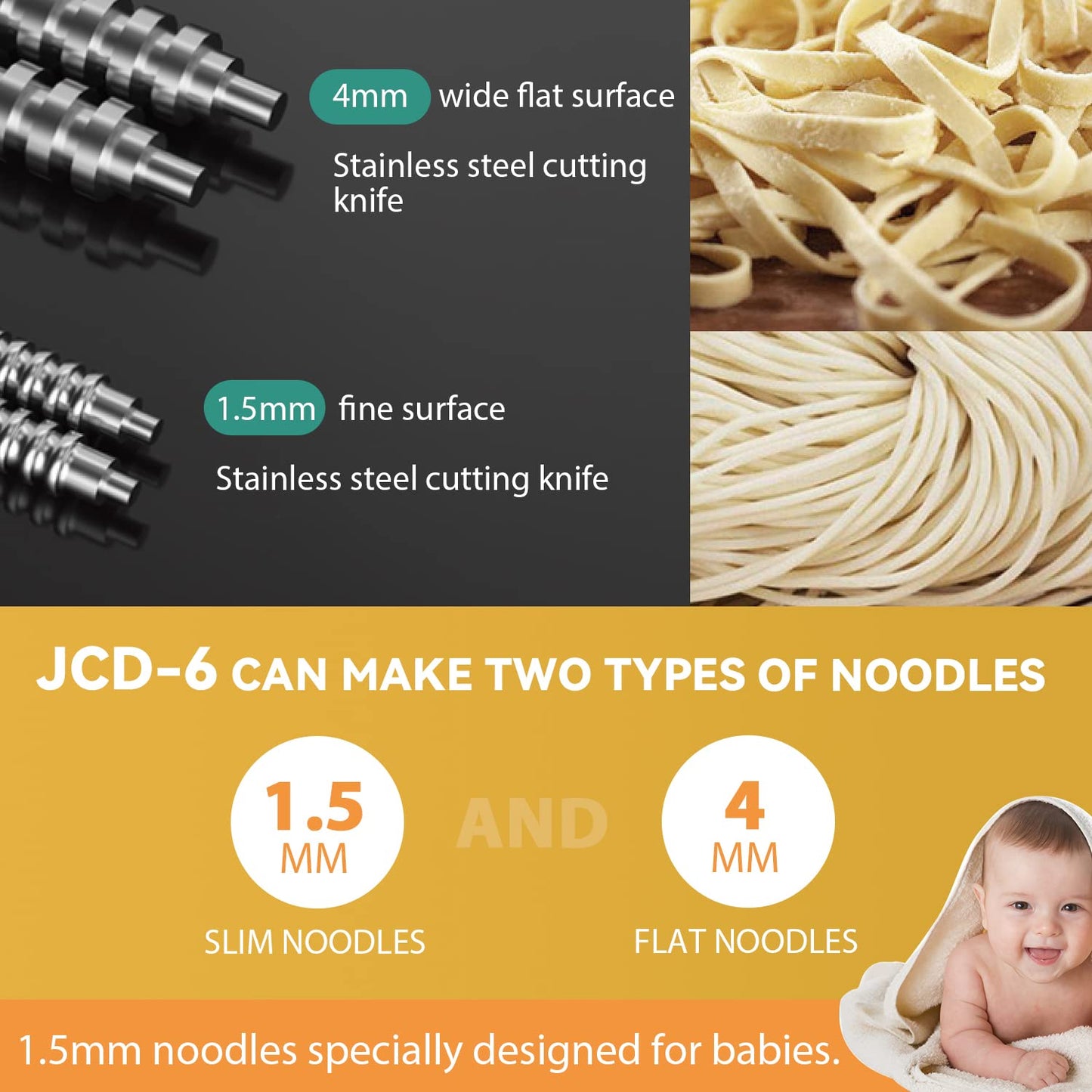 Newhai Electric Family Pasta Maker Machine Noodle Maker Pasta Dough Spaghetti Roller Pressing Machine Stainless Steel 135W for Home Use (1.5mm round noodle+4mm flat noodle)