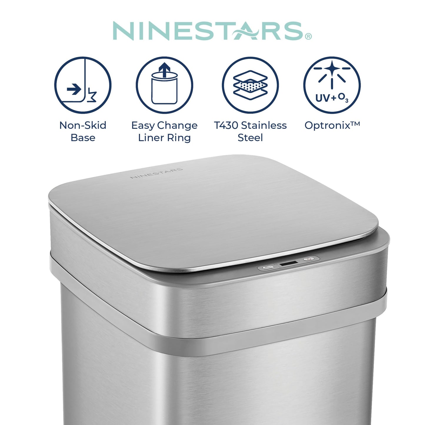 Ninestars 13 Gallon Odor Neutralizing Smart Trash Can, UV + Ozone Dual Purification, Odor Control Motion Sensor Garbage Bin, Universal Power Adapter, ONT-50-82SL Stainless Steel, Silver, Nova Series