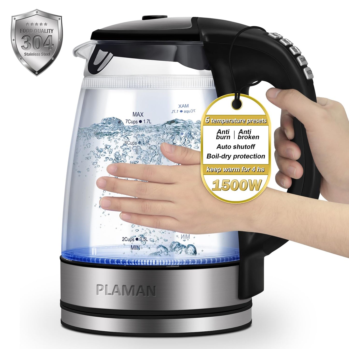1500W Electric Kettle with Temperature Control - 6-Temp Presets for Tea/Coffee, Double Wall Cool-Touch, 4H Keep Warm, 1.7L Borosilicate Glass & BPA-Free, Fast Boil for Home/Office
