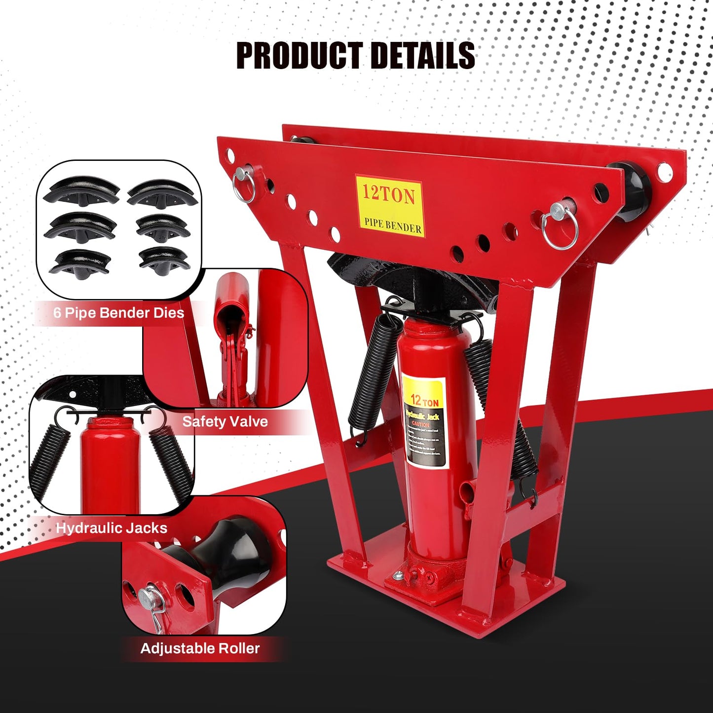 12 Ton Hydraulic Pipe Bender, Manual Copper Pipe Bender, 90°-180° Adjustable Rollers Hydraulic Tubing Bender with 6 Dies for Steel Iron Metal Ratcheting