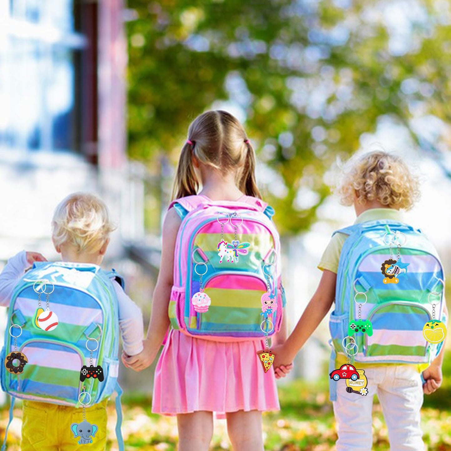 65PCs Party Favors Cartoon Keychains for Kids, Keychain Bulk for Birhtday Party, Unicorn Dinosaur Mermaid Animal Sea Dount Flower Video Ball Bulk Keychains for Party Bag Fillers Goodie Bag Stuffers