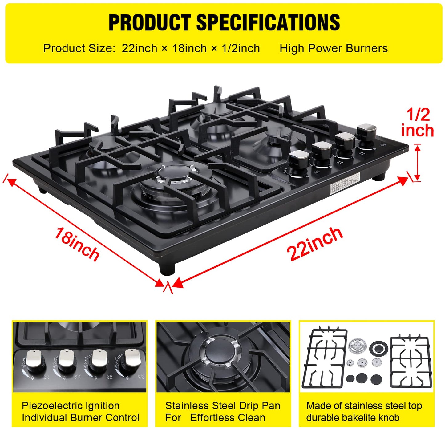 FORIMO Gas Cooktop 22Inch，Built in Gas Cooktop 4 Burners Stainless Steel Stove with NG/LPG Conversion Kit Thermocouple Protection and Easy to Clean