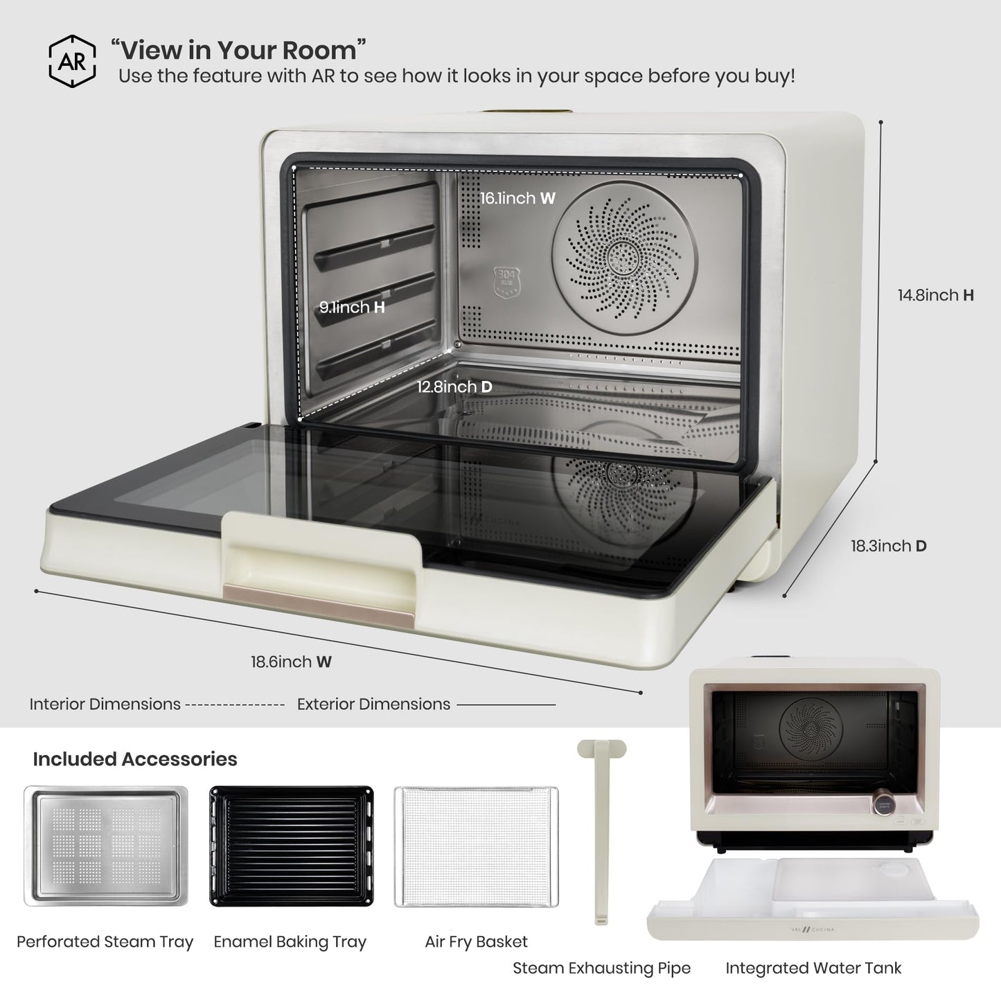 VAL CUCINA 7-in-1 Steam Convection Oven Countertop with Air Fry, Bake, Sous Vide, Ferment, Built-in Recipes | Anti-Scalding, Self Clean, Food-grade Stainless Steel Cavity & Accessories | 1500W