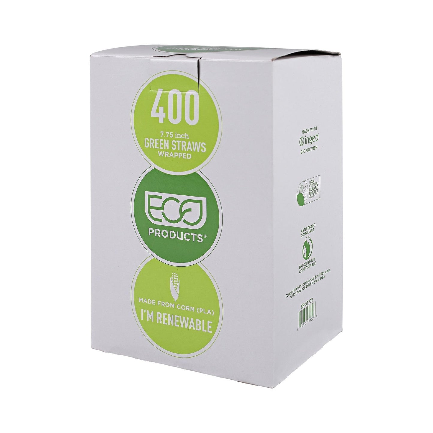 Eco-Products Compostable Paper Wrapped Plastic Straws, 7.75" Long, 5mm Diameter, Case of 9600, Green Disposable Plant Based PLA Plastic, Standard Sized Drinking Straws, ASTM Compliant, BPI-Certified
