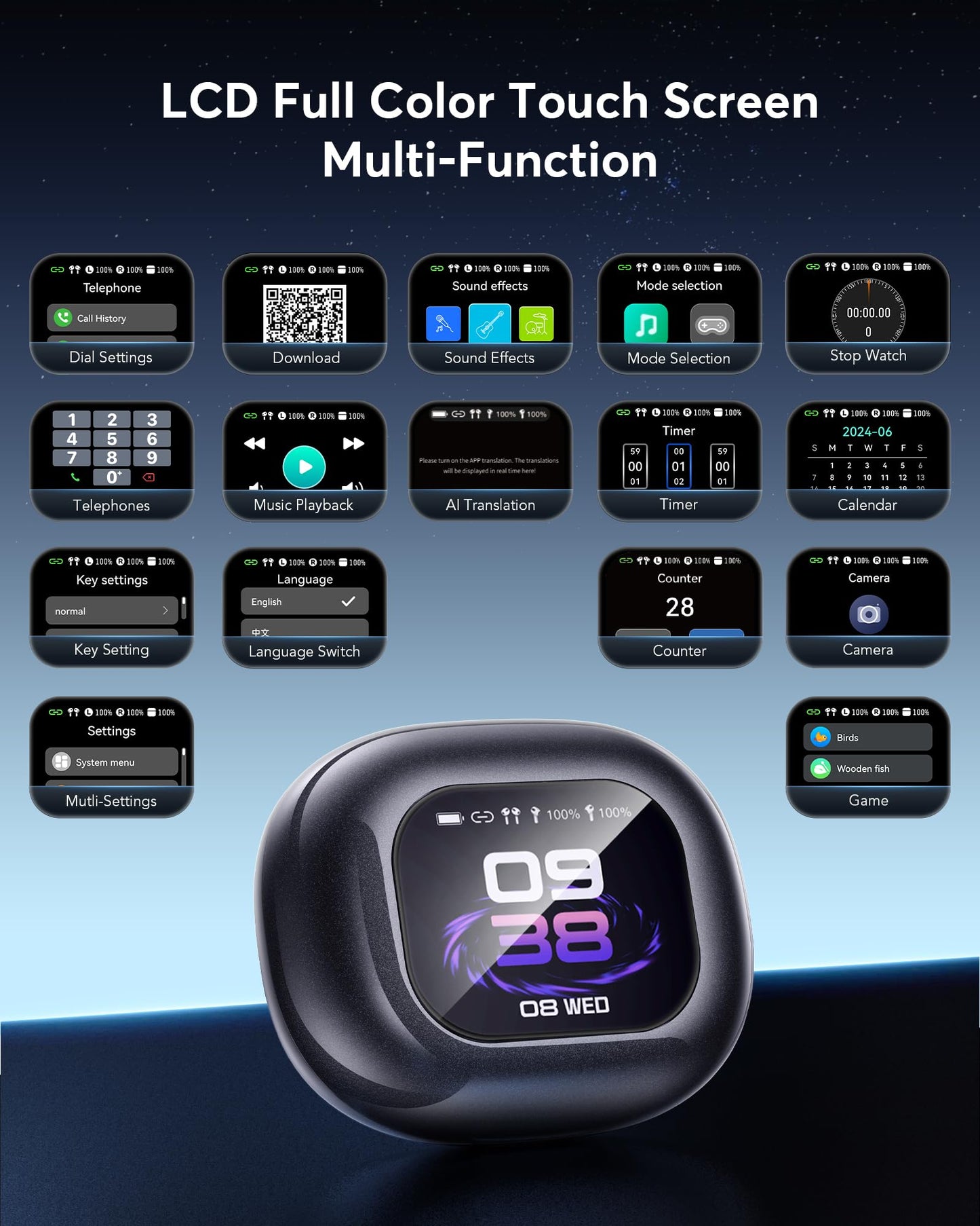 EUQQ AI Translation Earbuds,144-Language Real-Time Translator Earphones: Bluetooth 5.4, OWS Open Ear & LCD Touch. Perfect for Travelers, Business & Language Learners