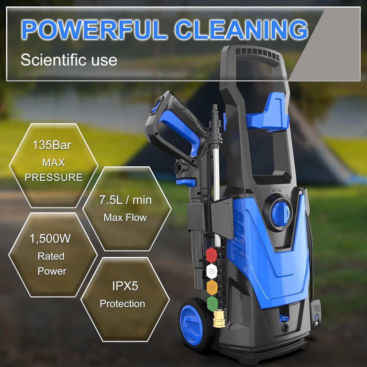 Pressure Washer 4 Wheels with Anti-Tipping Technology, Soap Tank 4 Nozzles for Patios Cars Home