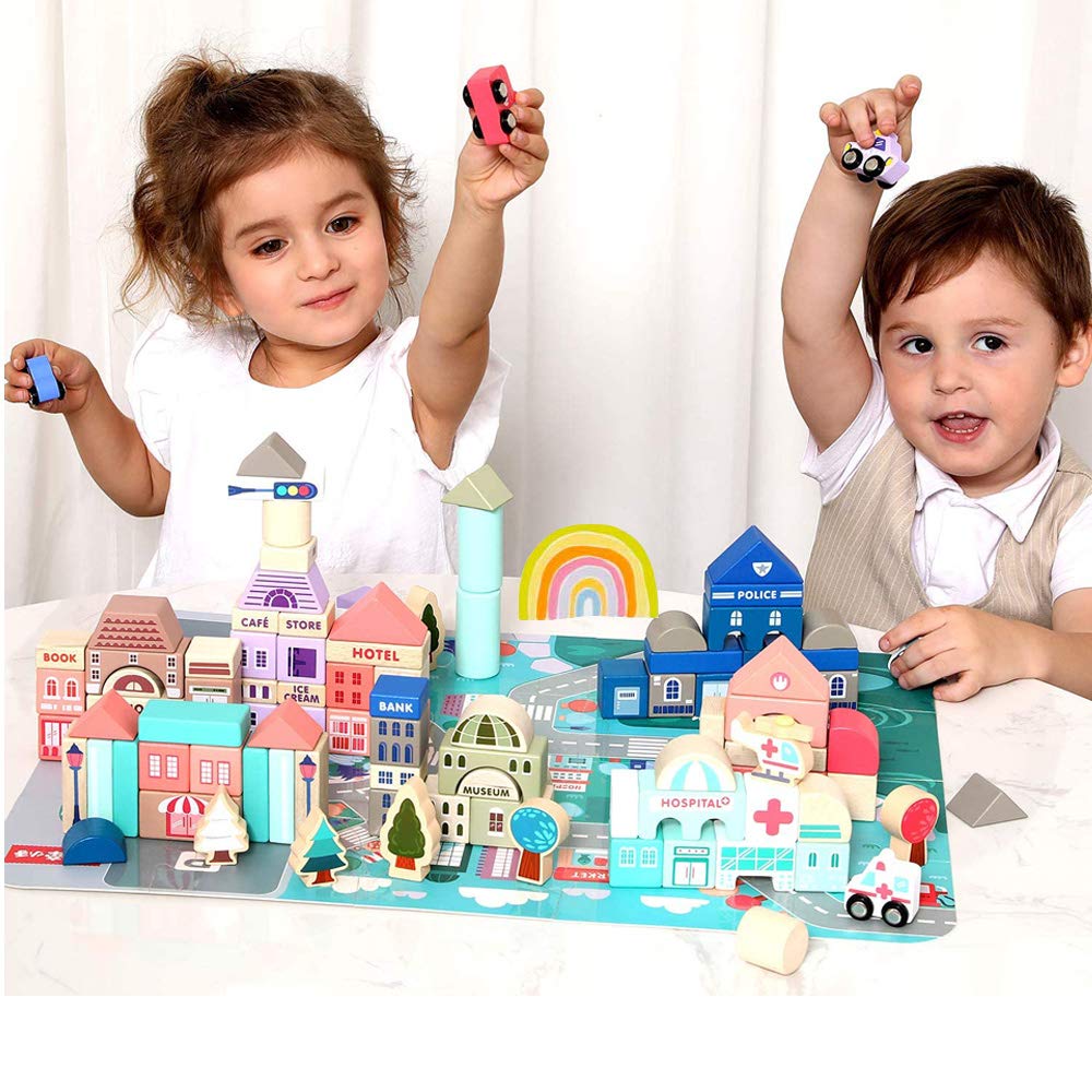 CICITOYWO Wooden Building Blocks Set Wood Kids Construction Stacker Stacking Preschool Learning Educational Preschool Toys Kit for Toddler 3+ Year Old Boy and Girl Gifts