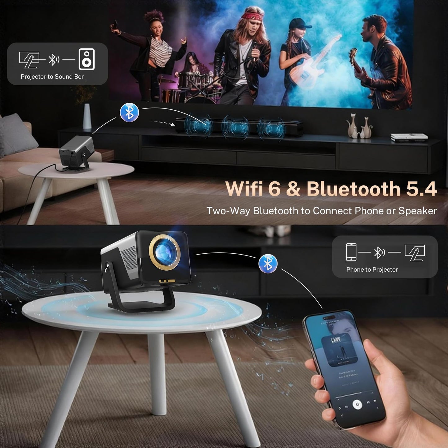 [2000 ANSI/AI Visual Calibration/4K Support] X7 Native 1080P Smart Projector with Android 14 OS, Portable Movie Projector for Bedroom & Outdoor, AI Auto Focus & Keystone Black & Slate Gray Gold