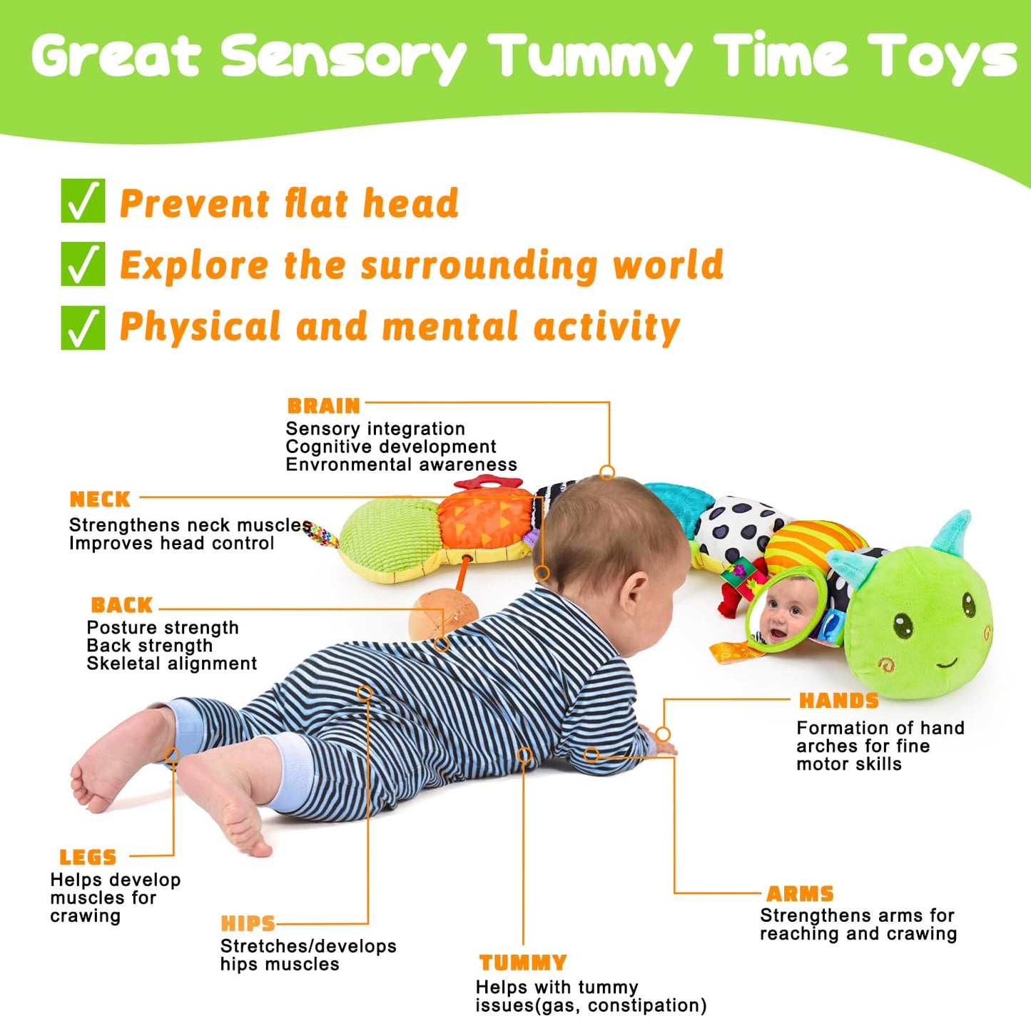 Baby Sensory Toy 0-6 Month Music Animal Stuffed Plush Caterpillar Toy for Infant 0-3-6-12 Month Old Tummy Time with Mirror Crinkle Rattle Toys for Newborn Boys Girl Shower Gifts Easter Basket Stuffer