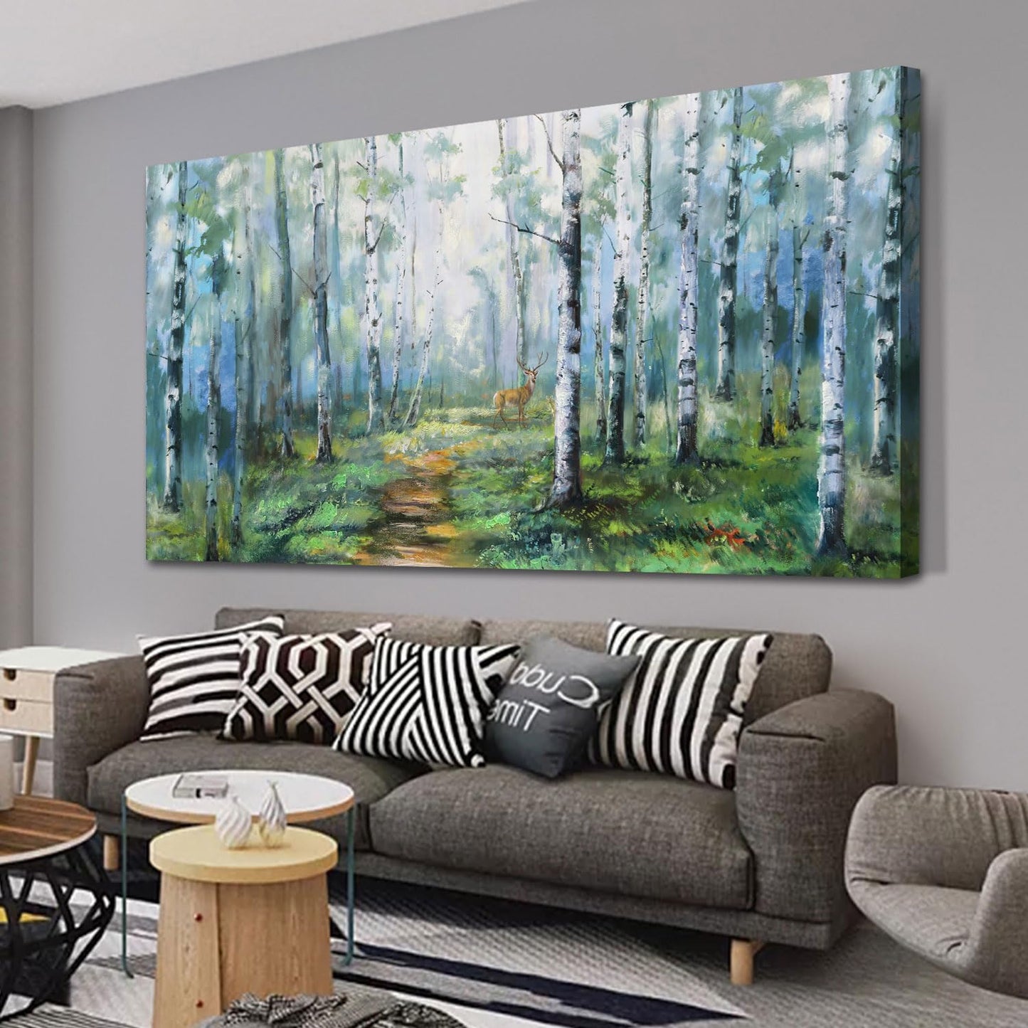 Enartly Birch Tree Wall Art for Living Room, Large Wall Decor Canvas Painting Green Forest Nature Picture Scenery Artwork Textured Framed for Bedroom Hallway Home Office Decoration 48"x24"
