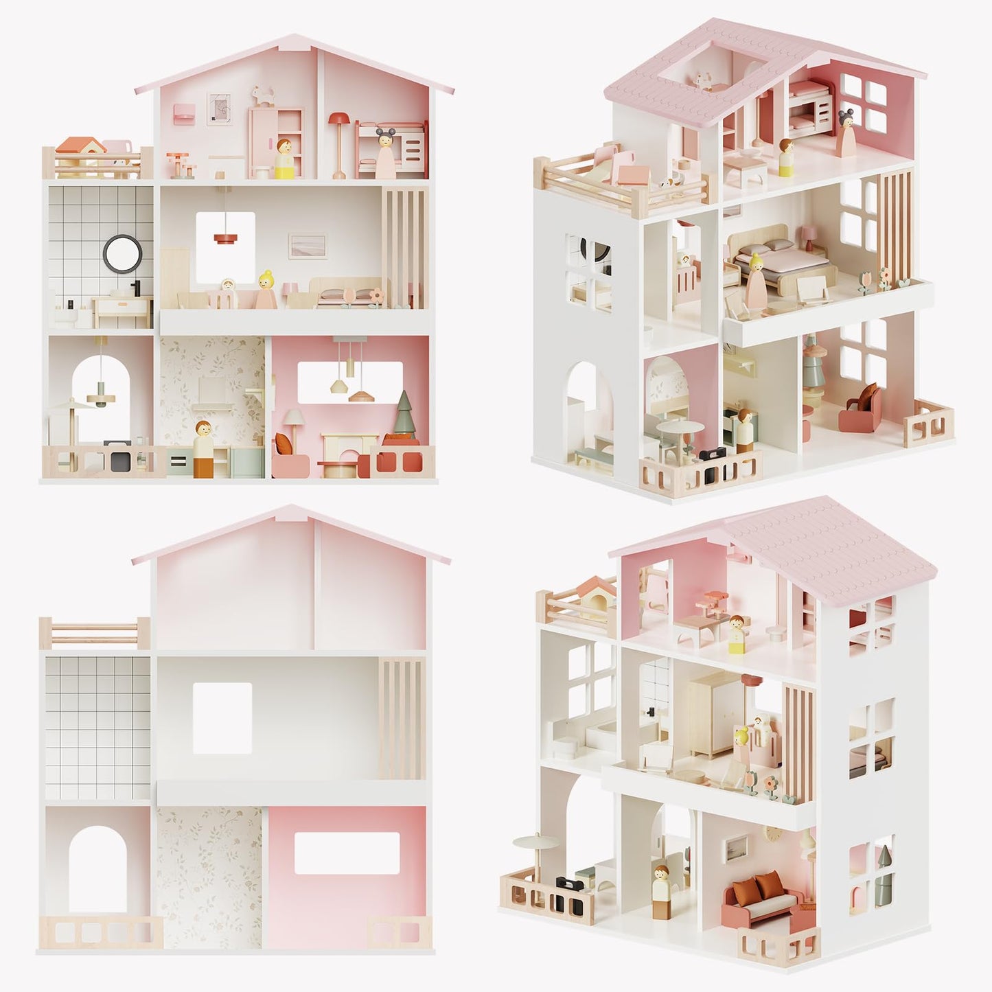 Fabuday Modern Wooden Dollhouse for Kids Girls - 8 Rooms Doll House Playset, DIY Pretend Toy Play Houses Kits with 81 Pcs Furniture Accessories, Dolls & Pets, Gift for Toddlers Ages 3+
