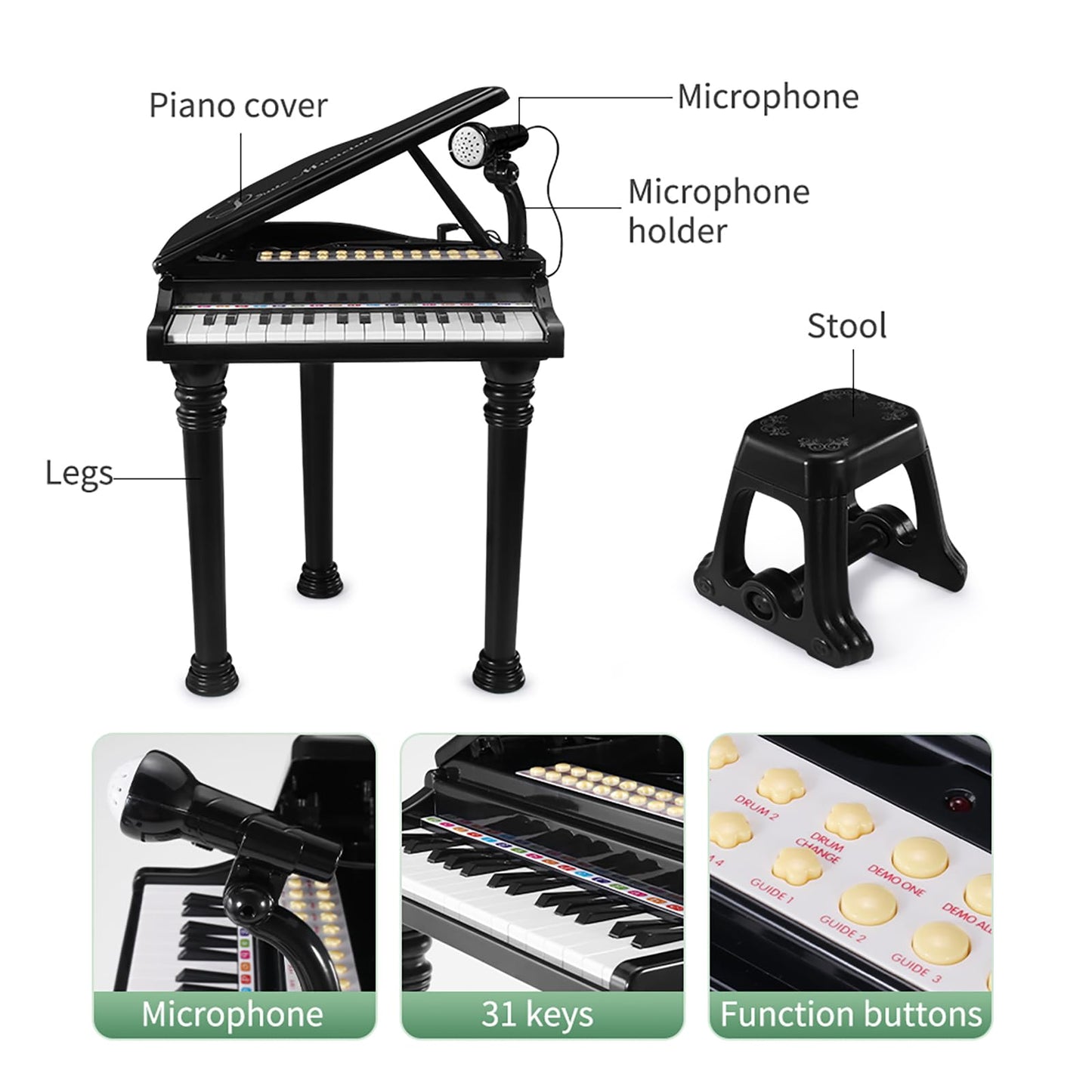 Losbenco Kids Piano Keyboard Toy, Toddler Electronic Musical Instrument Educational Toy with Microphone, Multiple Sounds, Record Playback, Lights & Stool, Birthday Gift for 3 4 5 6 7 Years Old Girls