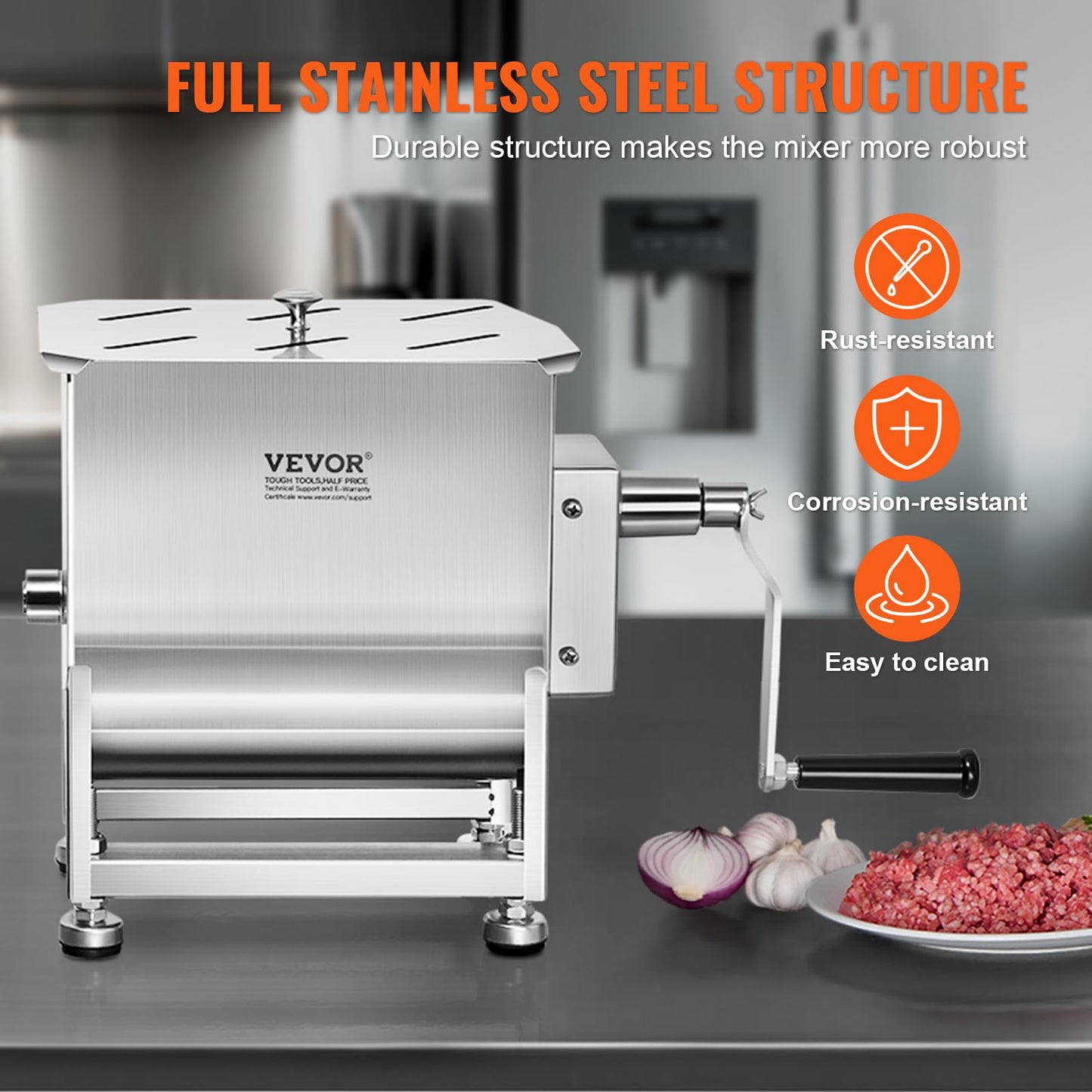VEVOR Manual Meat Mixer, 30 Pound Capacity Tank Meat Processing Equipment, Stainless Steel Meat Mixer, Sausage Mixer Machine with Lid and Handle, Ground Beef Hand Mixer, Silver