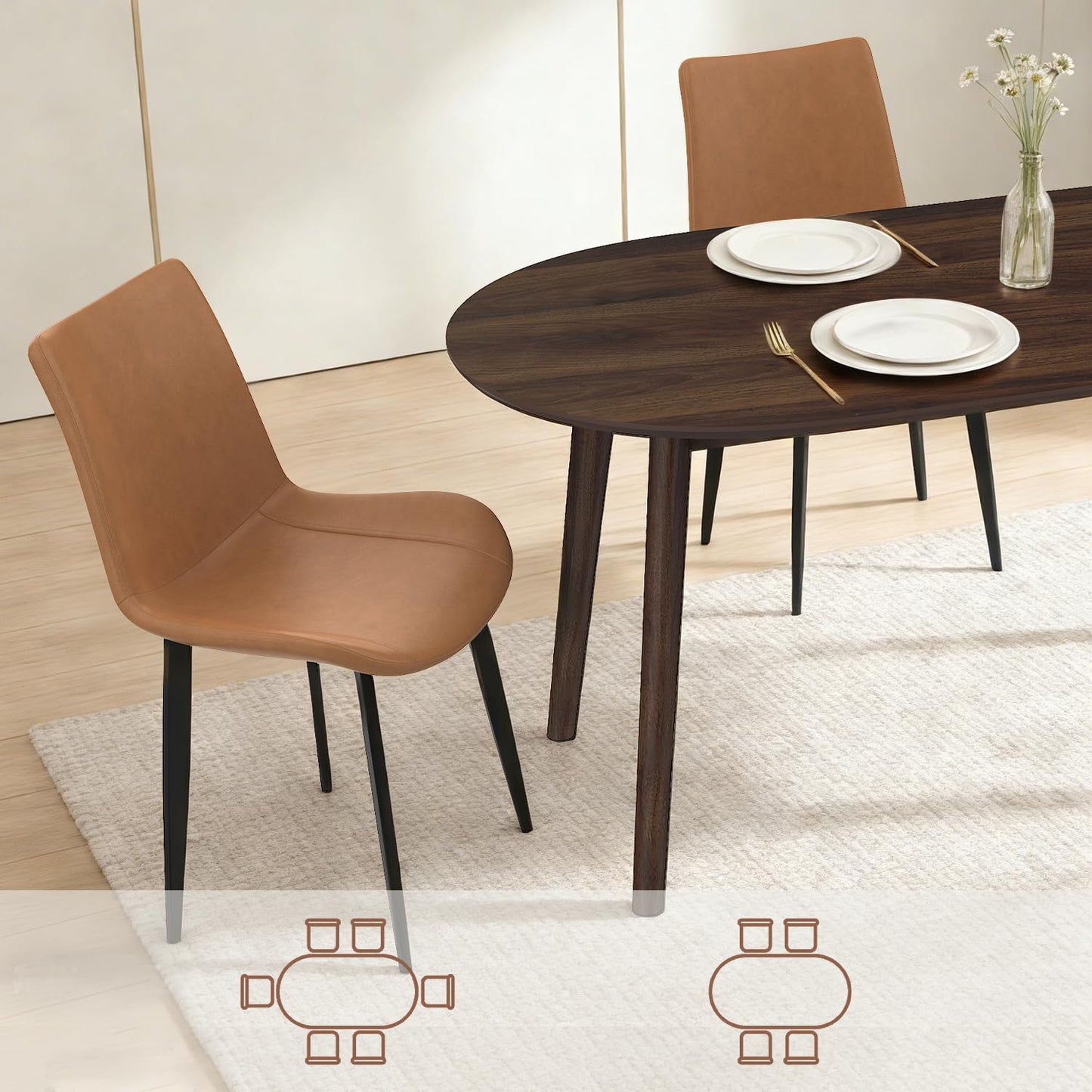 domusdisn 63" Oval Dining Table Set for 4, 5 Piece Modern Dining Table Set for Kitchen and Dining Room Furniture, Solid Wood Legs Dining Table with 4 PU Leather Chairs（Walnut Table+4 Brown Chairs