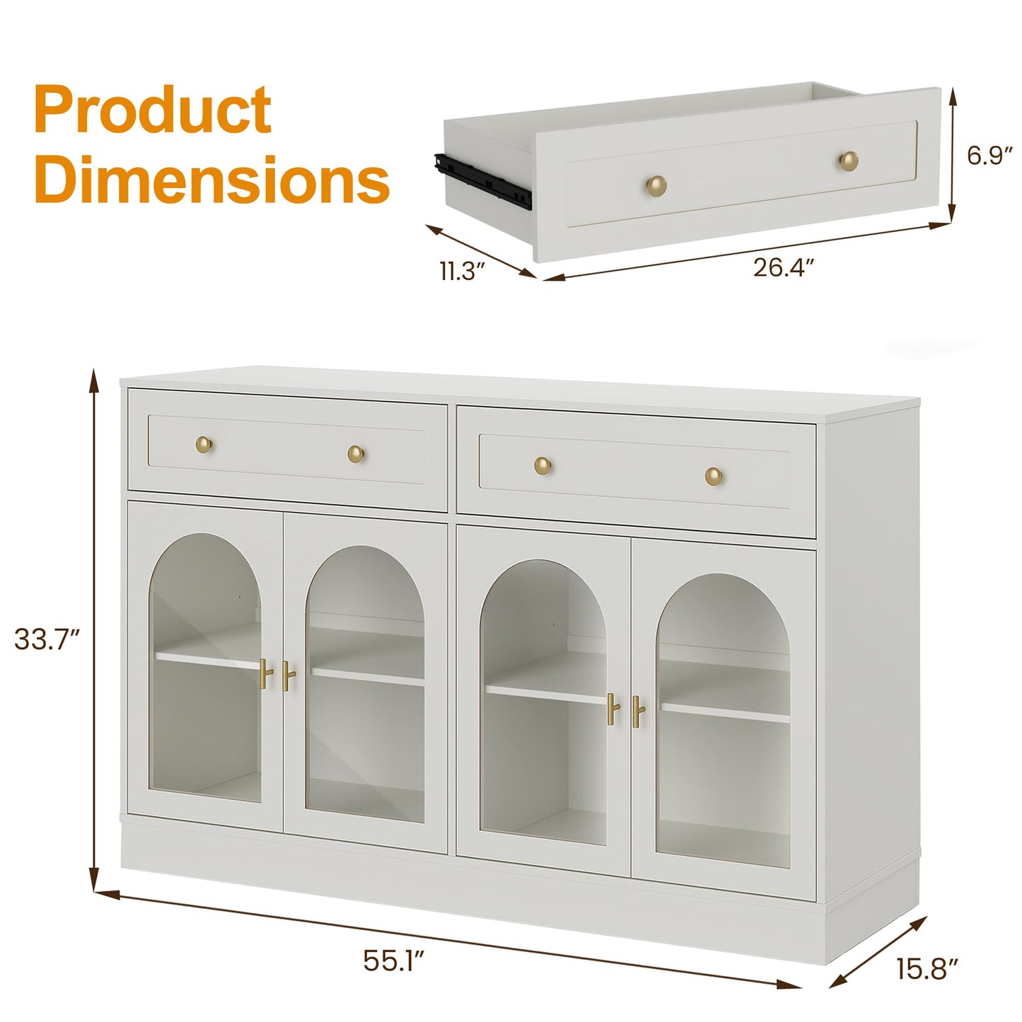 FansaFurn White Sideboard with Adjustable Shelves & 4 Doors, Kitchen Sideboards, Wood Coffee Bar Table for Living Room, Dining Room