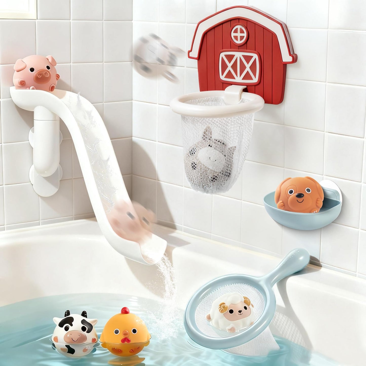 TXTLDB No-Hole Farm Bath Toys for Toddlers 1-3 | Slide, Basketball Hoop & 6 Animal Set | Easy to Clean & Dry Bathtub Play Gifts for Boys Girls