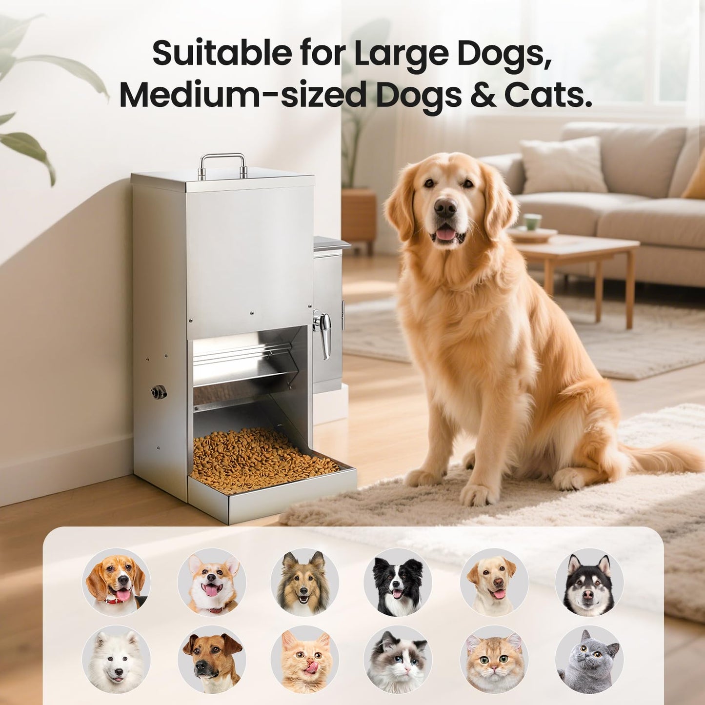 PiCOOP 16L Dog Automatic Feeder for Large Pet Stainless Steel Dog Feeder with Timer, Wall-Mountable, Rodent-Proof, Extra-Large Tray for Large Pet