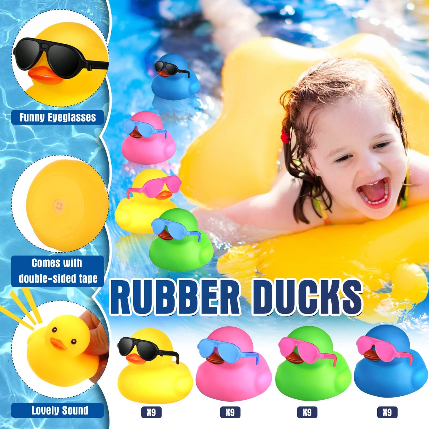 Chivao 36 Pcs Mini Rubber Ducks with 36 Sunglasses Rubber Ducks in Bulk Bathtub Duckies Toys for Kids Christmas Valentine Gifts Birthday Party Favors Cruise(Multi Color,Duck with Sunglasses)