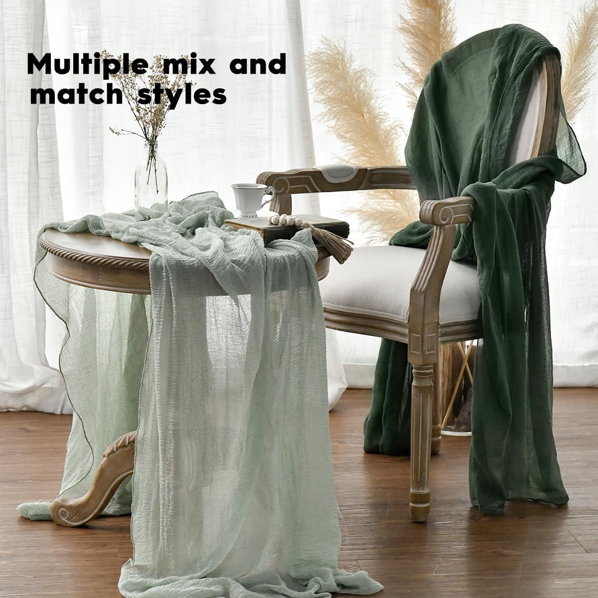 Artoid Mode Boho Forest Green Gauze 3 Pieces Wedding Table Runner, 120 Inch Birthday Fabric Kitchen Dining Holiday Table Decor for Home Party Indoor