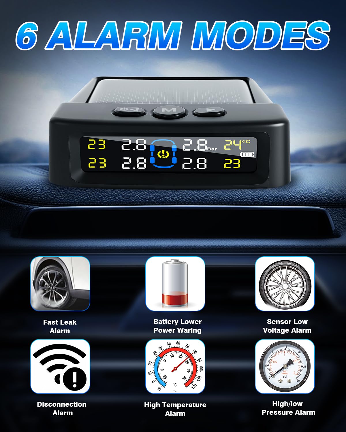 Tire Pressure Monitoring System,RV Tire Pressure Monitor System with Solar Charge or USB, Tire Monitoring System with 4 Sensors & 6 Alarm Modes Real-Time Display for SUV Mpv Rv Tpms Sensors Set of 4