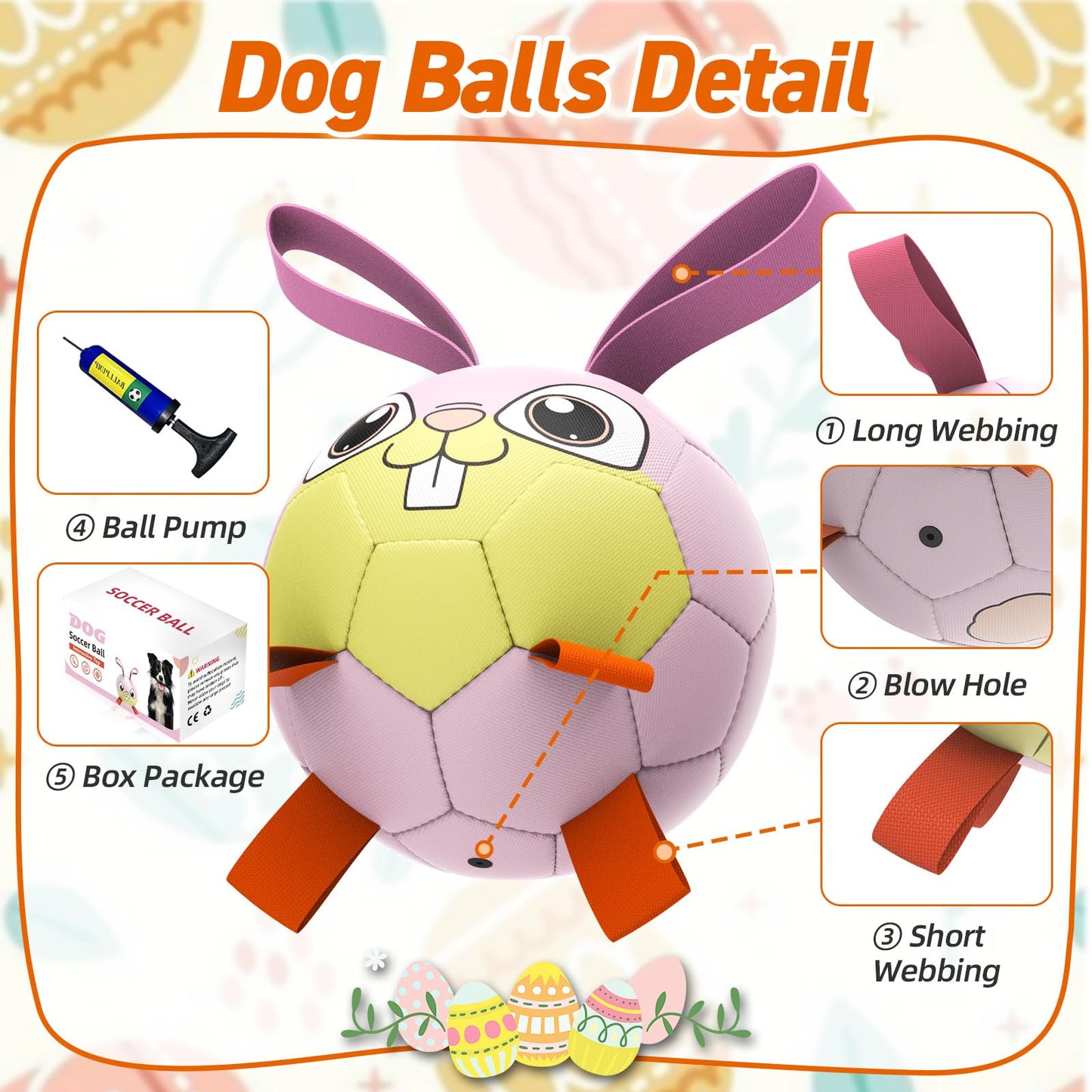QDAN Rabbit Dog Toys, Dog Soccer Ball with Straps, Dog Water Toy, Waterproof Rubber Dog Toy Ball for Medium Small Dogs, Outdoor Inddor Doy Pet Puppy Toys (6 Inch)