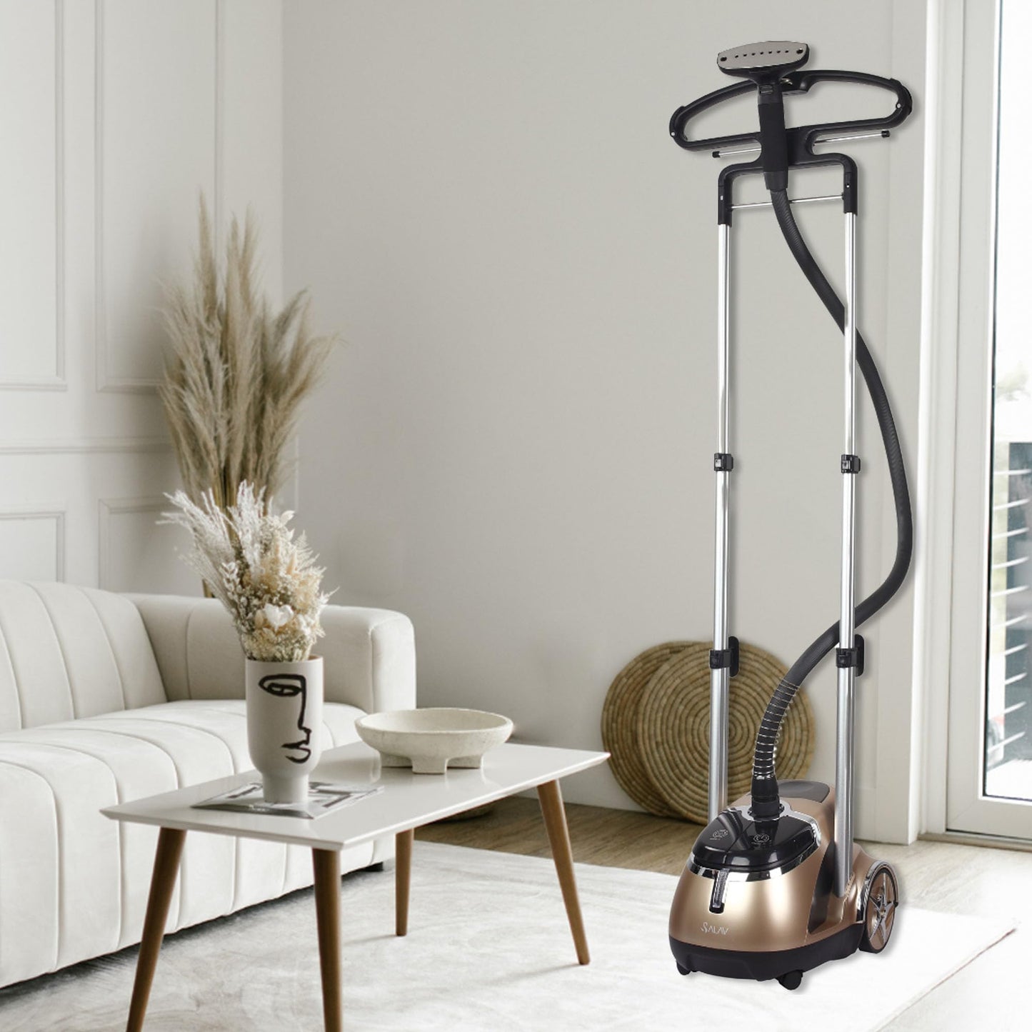 SALAV® Professional Standing Garment Steamer with Retractable Power Cord, Foot Pedal Control, Wheels for Easier Movement (Gold)