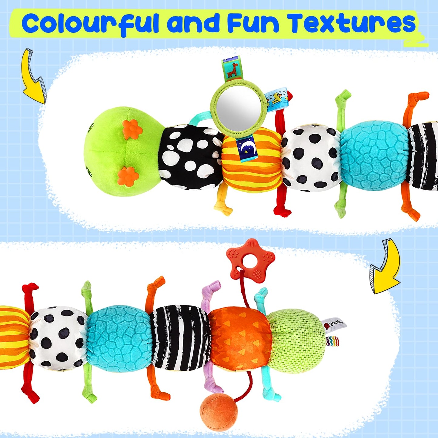Baby Stuffed Caterpillar Toys for 0-6 6-12 Months, Musical Animal Sensory Toys for Infant 3 6 9 12 18 Months, Tummy Time Toys with Mirror Rattle Crinkle for Newborn Boys Girls Shower Gifts