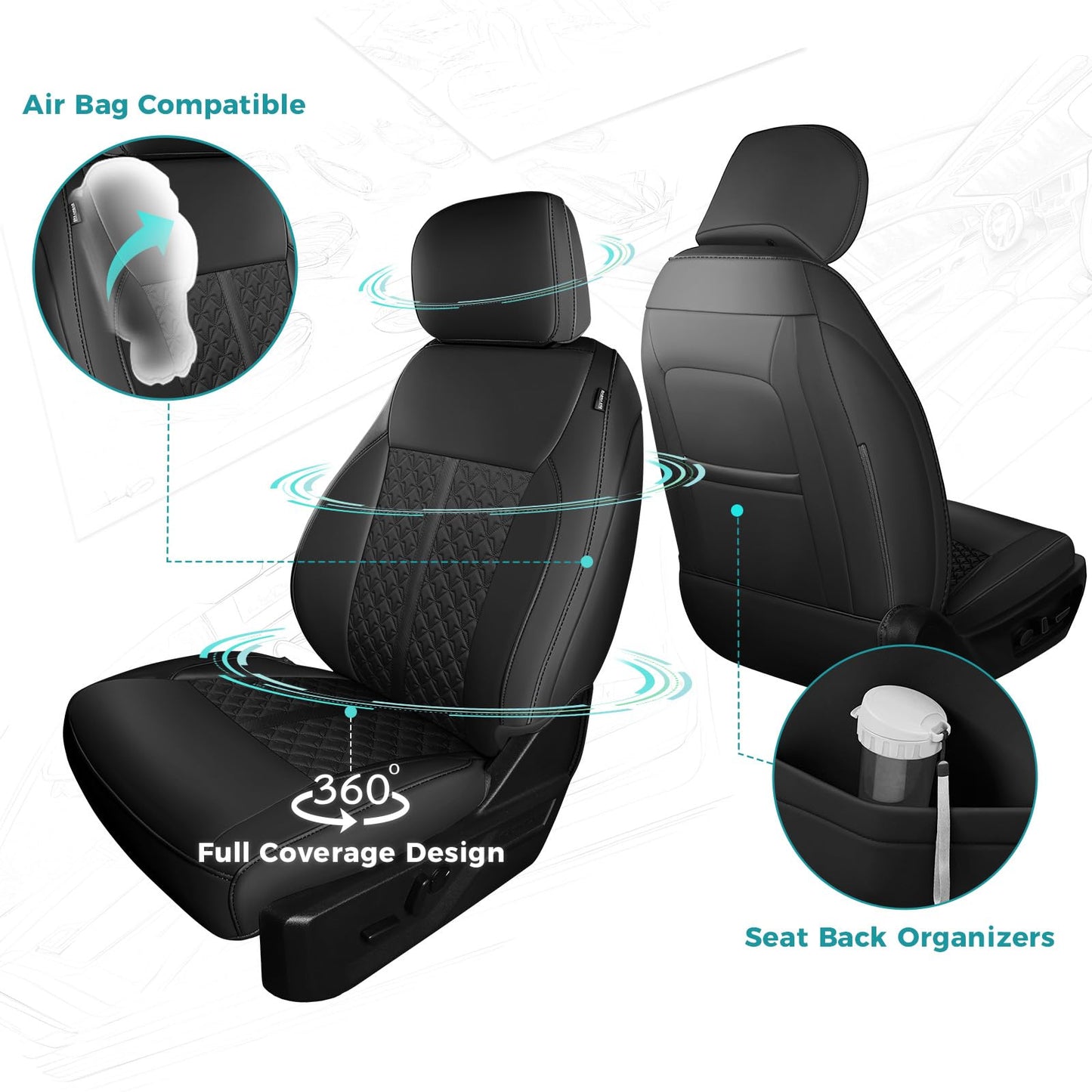 FEINEPRO Custom for Ford F150 Seat Cover 2021 2022 2023 2024 2025 - Custom-Fit Full Set Leather Truck Seat Cover for 2021-2025 F150 XL/XLT/Lariat F150 Accessories