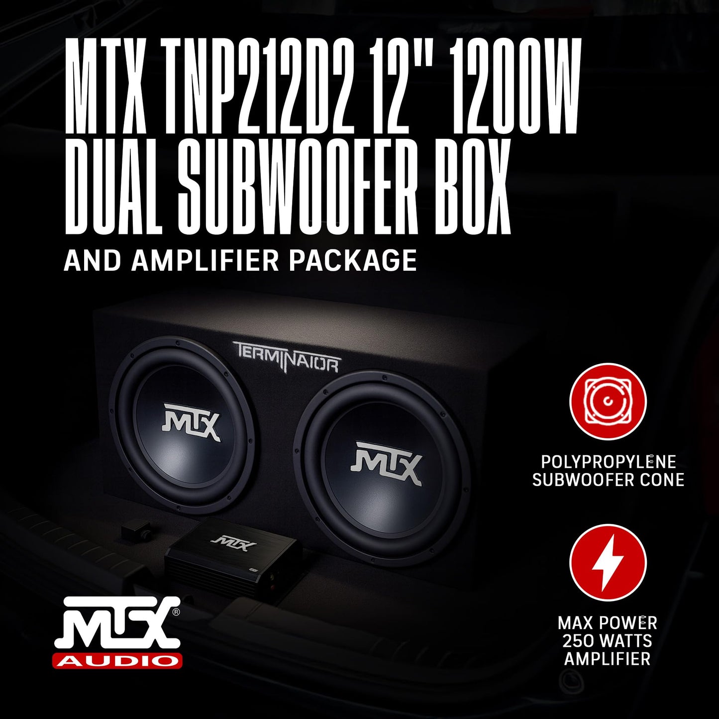 MTX 12" 1200W Dual Loaded Car Subwoofer Audio with Sub Box and Amplifier, TNP212D2
