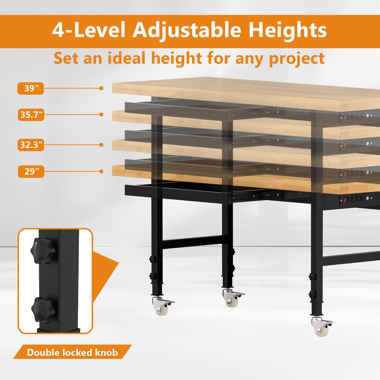 Pelnuies 60" Heavy-Duty Solid Wood Work Bench with Drawers, Adjustable Height Workbench with Wheels, 2000 LBS Capacity Work Table with Power Outlets for Garage, Workshop(60" X 24")