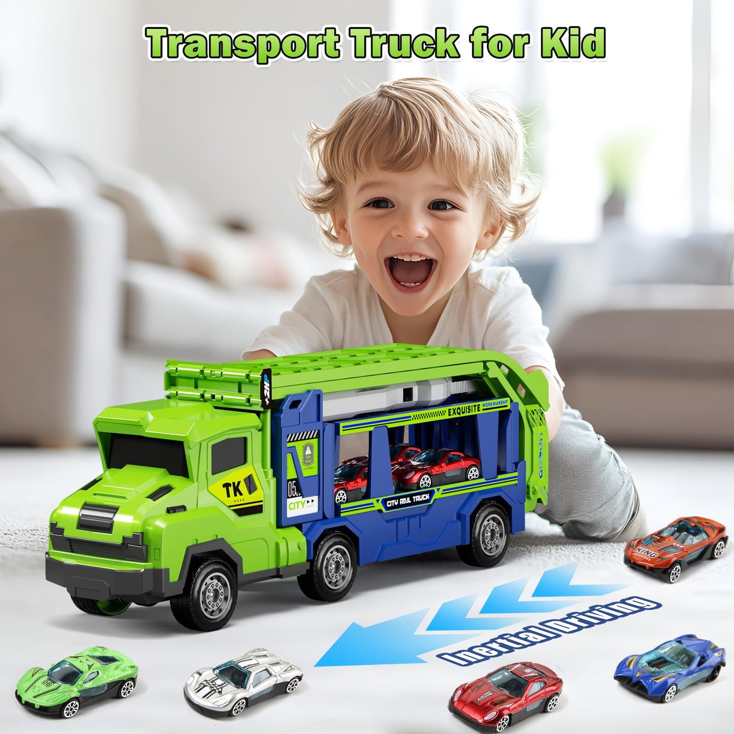 BainGesk Truck Car Toys for 3, 4, 5, 6 Years Old Boys Girls, 3 in 1 Carrier Truck with 2 Foldable Race Tracks, Transport Car with 6 Metal Cars, Birthday Toys Gifts for Toddlers