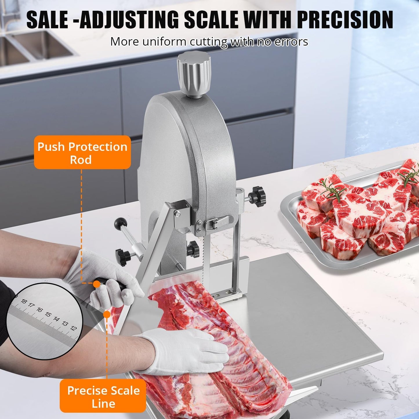 1100W Electric Bone Saw Machine, 0.16-7.09 Inch Cutting Thickness, Frozen Meat Cutter With 5 Saw Blades, 19.3"x15" Table Sawing for Chicken Fish Trotter Beef