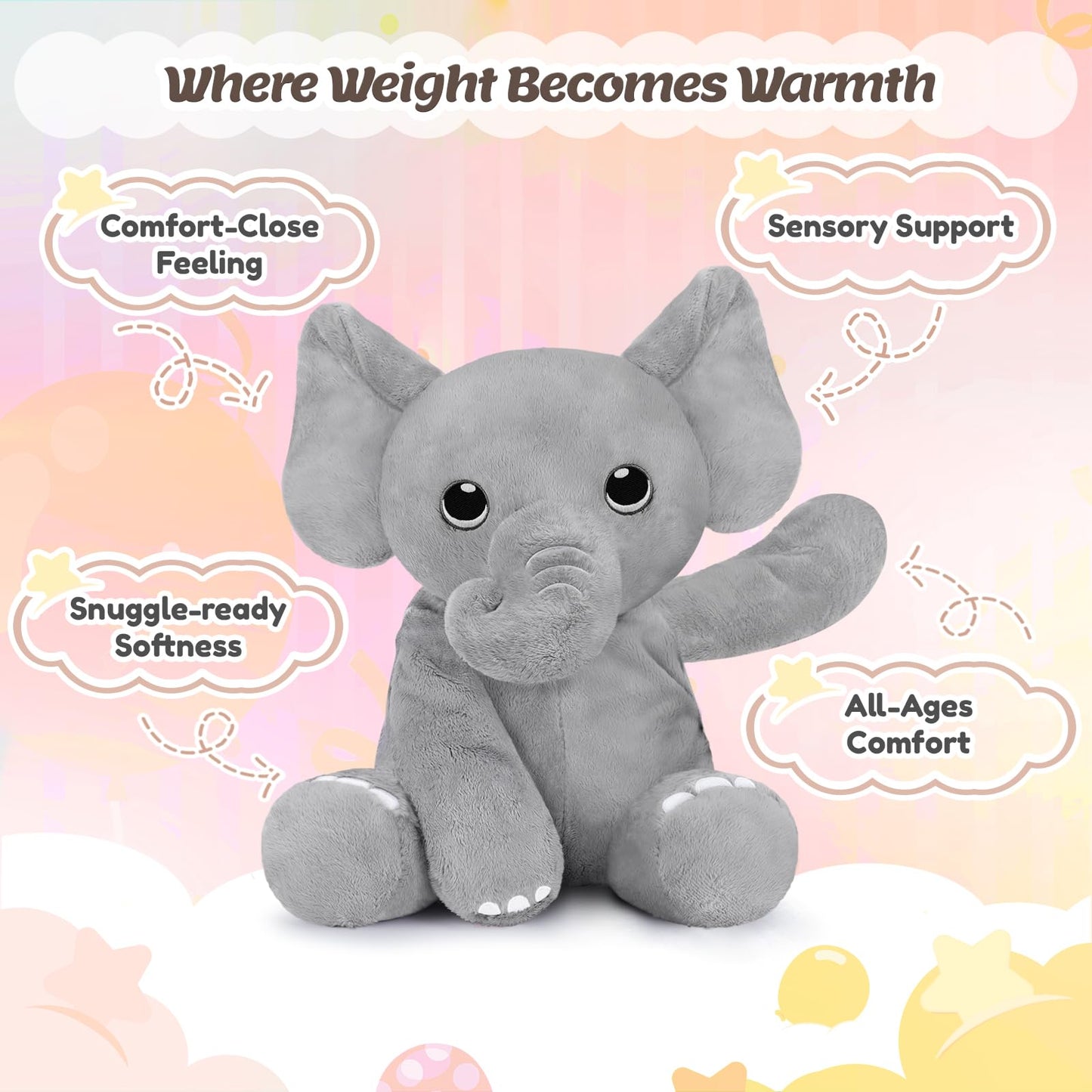 BRICHOEE 5lbs Weighted Stuffed Animals, Elephant Plush Sensory Weighted Elephant Stuffed Animals, Cute Plush Toy Calming Plushie Pillow Birthday Gifts for Adults Baby Kids Boys Girls