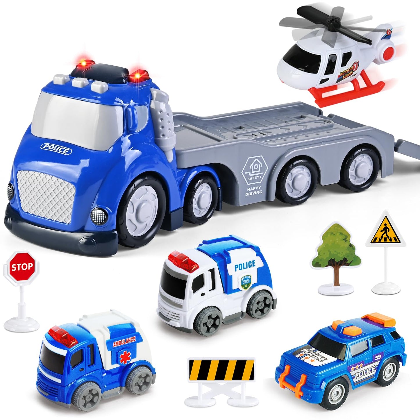 ShyLizard Toddlers Truck Toys,Boy Toys Gifts for 1 2 3 Years Old,5 in 1 City Police Transport Truck with Lights & Sounds,Ideal Birthday for Baby Toddler 12-18M+
