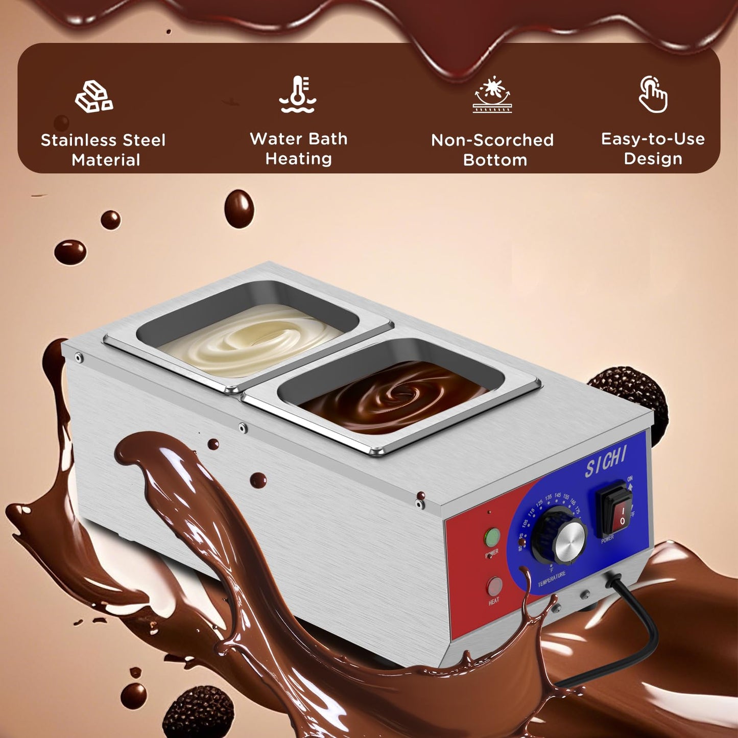 HTTSICHI Chocolate Tempering Machine - Commercial Chocolate Melting Machine w/ 7.5L Capacity, 1200W Professional Heated Chocolate Melter w/Stainless Steel Body, 110V,2 Tanks