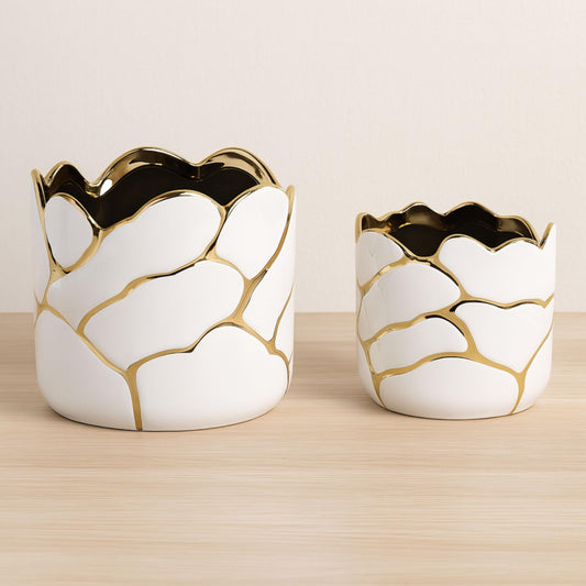 Set of 2 Plant Pots for Indoor Plants – Ceramic Planters with Gold Accents, Decorative Pots for Home Decor, Modern Indoor/Outdoor Ceramic Planter Set, Stylish Pot for Plants – 6/7", White