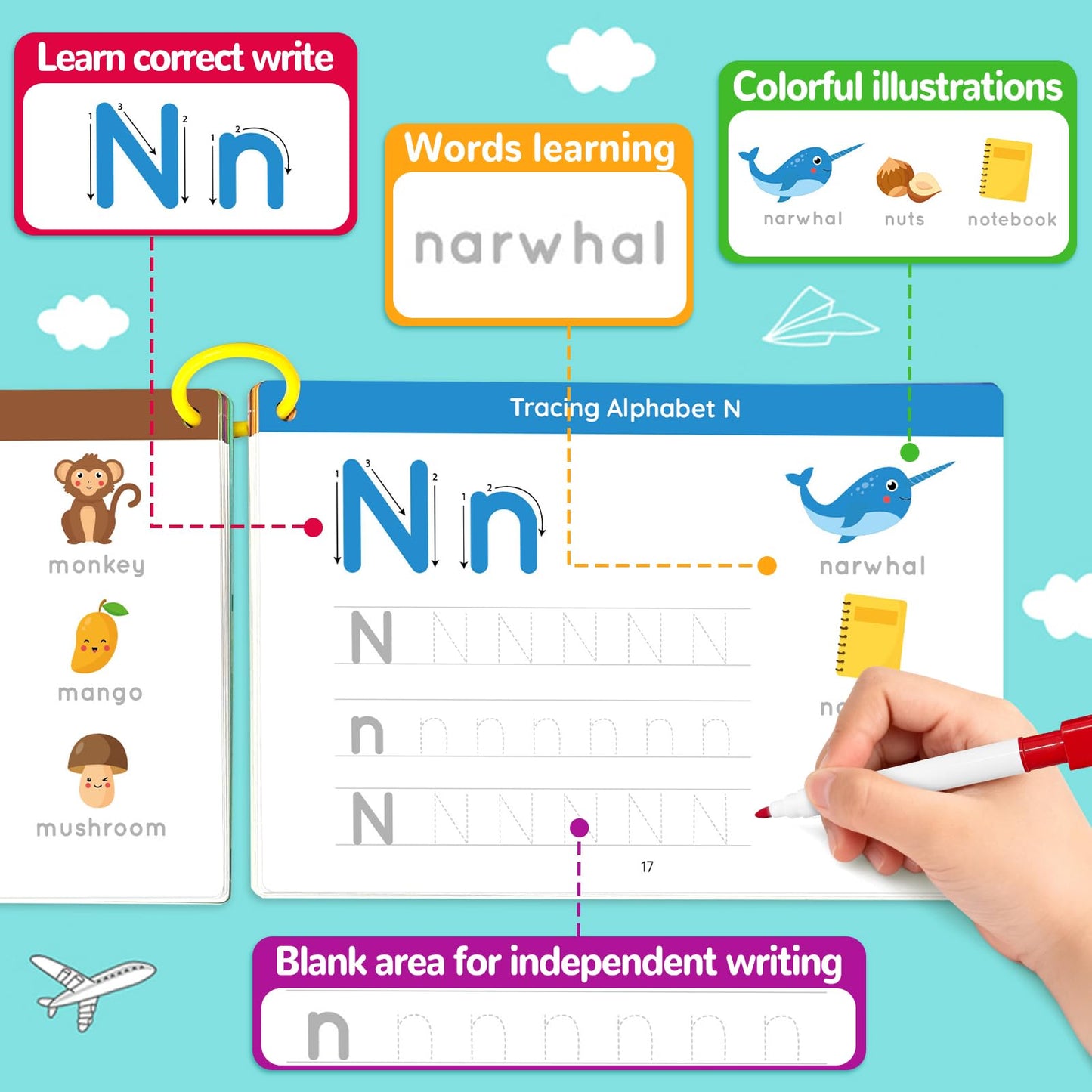 EUUBIRD Reusable Preschool Learning Activity Book - Handwriting Practice with Alphabet & Letter Tracing, Kindergarten Workbook for Kids Ages 3-5