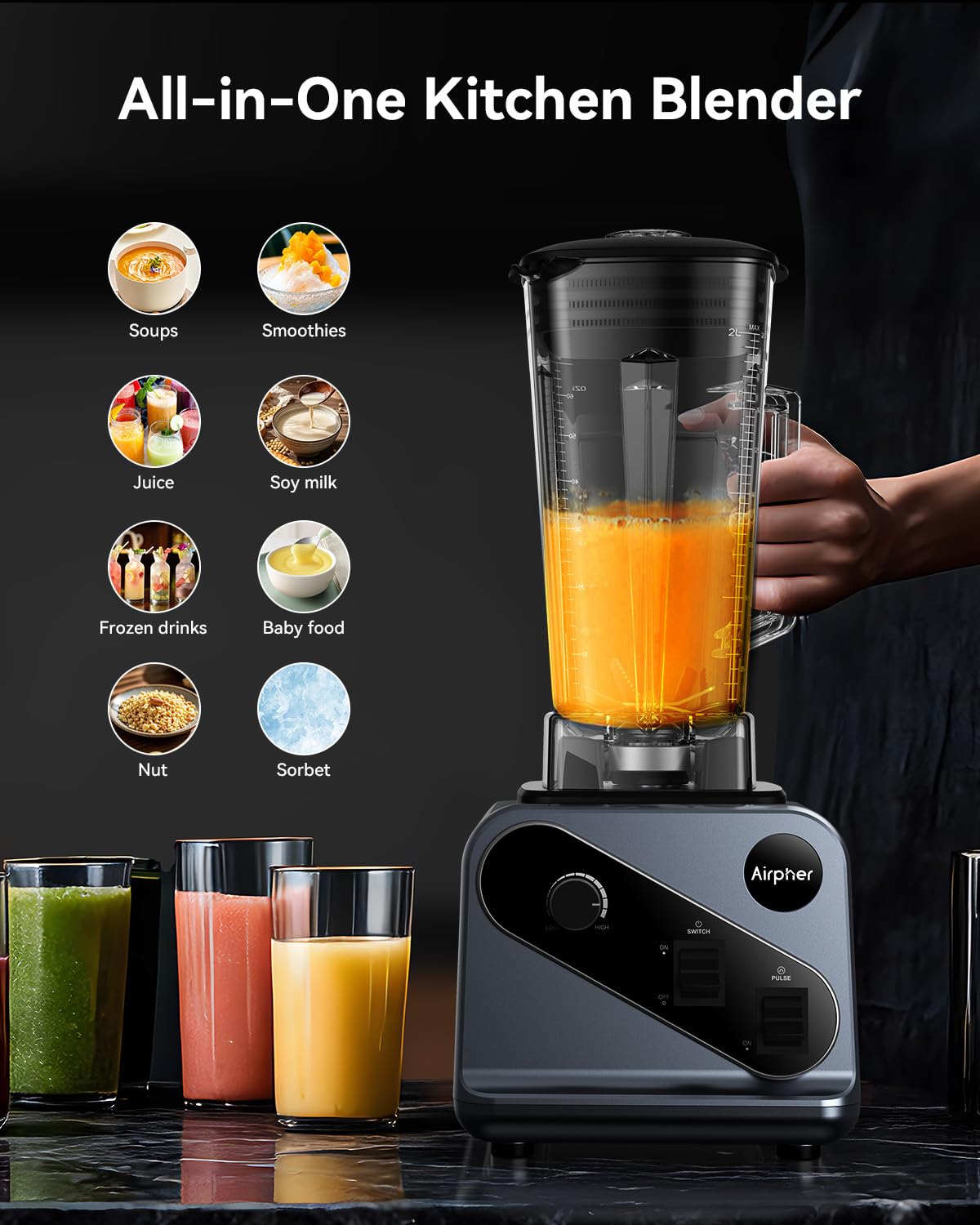 Blenders for Kitchen, 2000W Professional Blender, 68oz Large Capacity with 27oz To-Go cup, Smoothies Blender with 35000RPM to Make Soups, Jams, Fruit, Dishwasher Safe, BPA-Free, Valentine's Day Gift