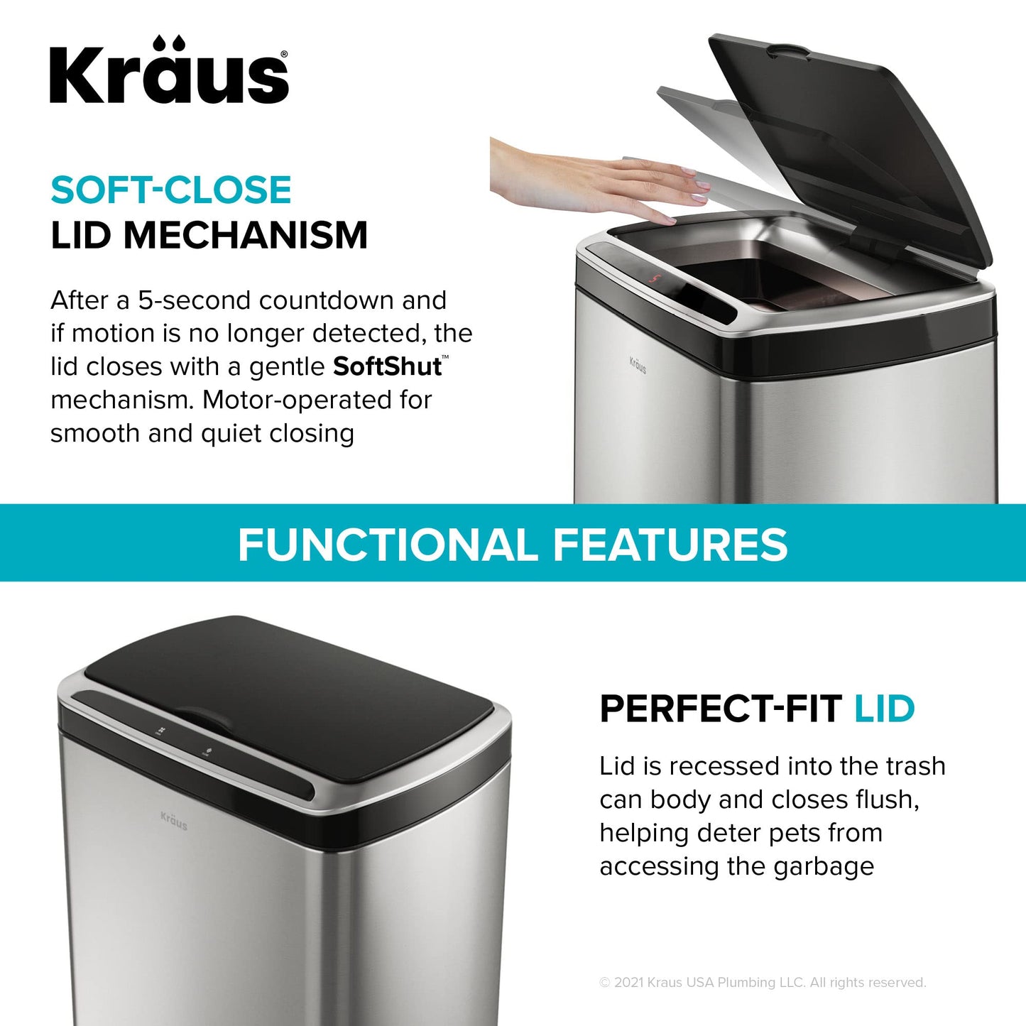Kraus GarbagePro Rectangular 13 Gallon Hands-Free Motion Sensor Trash Can Battery Operated in Matte Black Finish with SoftShut Touchless Lid, KTCS-10MB