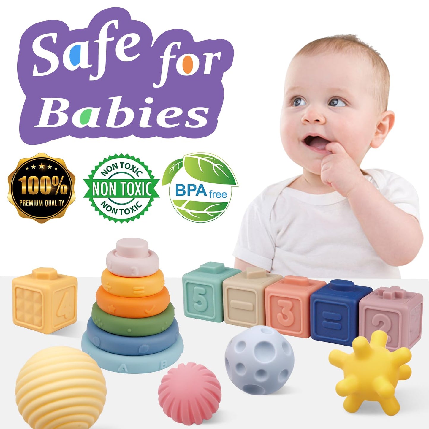 Montessori Baby Toys - Soft Baby Blocks, Stacking Rings & Sensory Balls, 24Pcs 3-in-1 Teething Toys Set for Babies 6-12 Months, Building Blocks Easter Birthday for Boys Girls