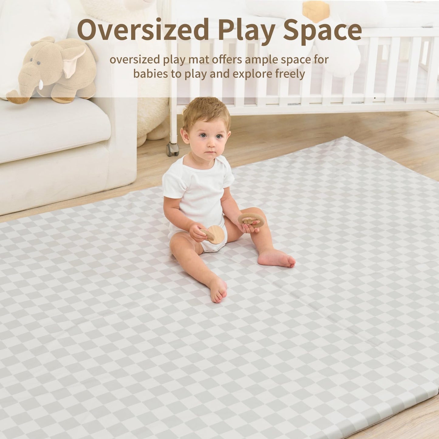 Yumiio Large Vegan Leather Baby Play Mat for Floor,1.3"Thick Foam 59x82 Foldable Waterproof Kids Play Mat,Stylish and Just Wipe-Clean Playmat for Baby Play on Floor (Grey Checker)