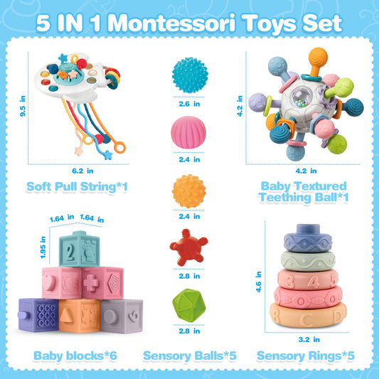 SpringFlower 0-3-6-12 Months Baby Toys, 5 in 1 Montessori Toys for Babies, Teething Toy & Stacking Building Block & Ring & Silicone Pull String, Sensory Development Baby Infant Toy, Gift for Babies