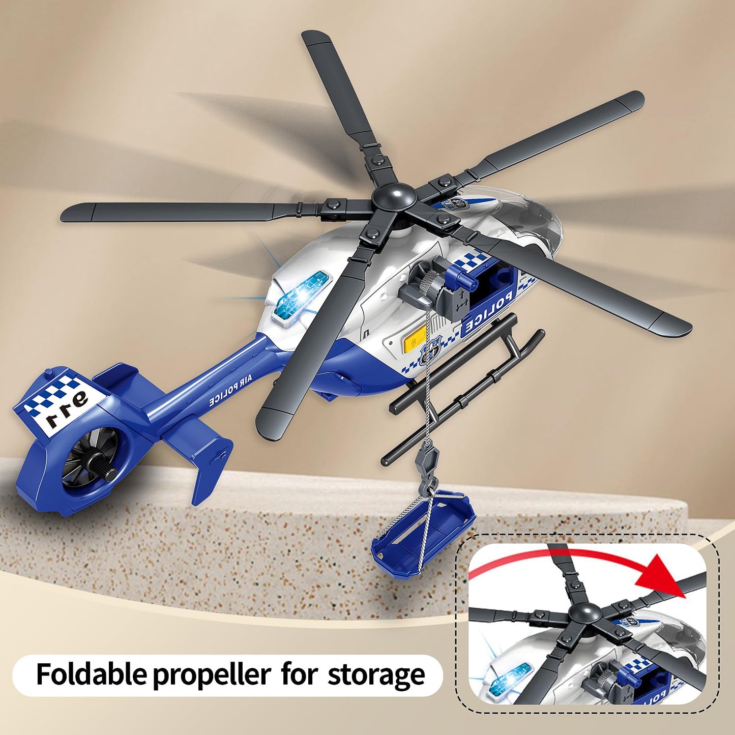 XUEXUE Large Police Helicopter Toy 15 Inch, Kids Helicopter with Crane & Hanging Tray, Toy Helicopter with Lights and Sounds, Helicopter Toys for Kids 3-5, Birthday Gift for Boys Age 3-7