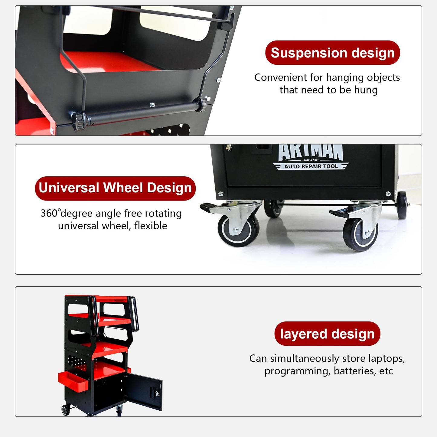 Professional 4-Tier Rolling Tool Cart with Locking Cabinet, Heavy-Duty Steel Detailing Cart for Mechanics, Mobile Garage & Workshop Storage